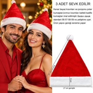37 Cm İthal Kadife Noel Baba Yılbaşı Şapkası Yetişkin Standart 3 Adet