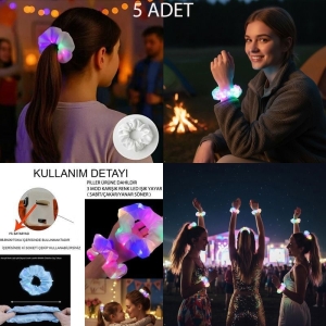 Karışık Led Işıklı Bileklik Olabilen Esnek Lastikli Saç Tokası Beyaz Renk 5 Adet  Retro Hawai