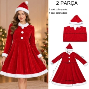 Yetişkin Yılbaşı L Beden Elbise Şapka Set Polar Noel Anne Kostümü