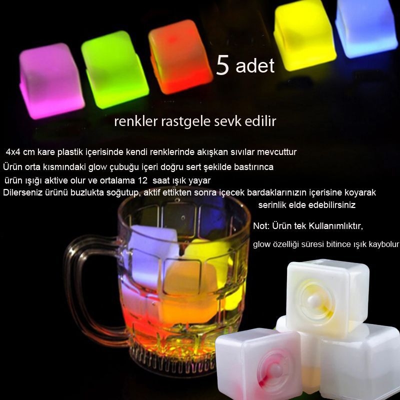 Glow Işıklı Buz Küpü Rastgele Renklerde Erimeyen Ice Cube 5 Adet